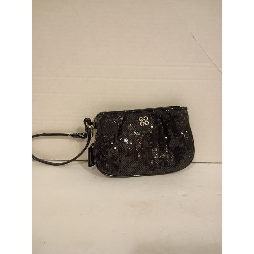 Coach Madison Black Sequin Wristlet Patent Leather Trim Lining Small Bag
